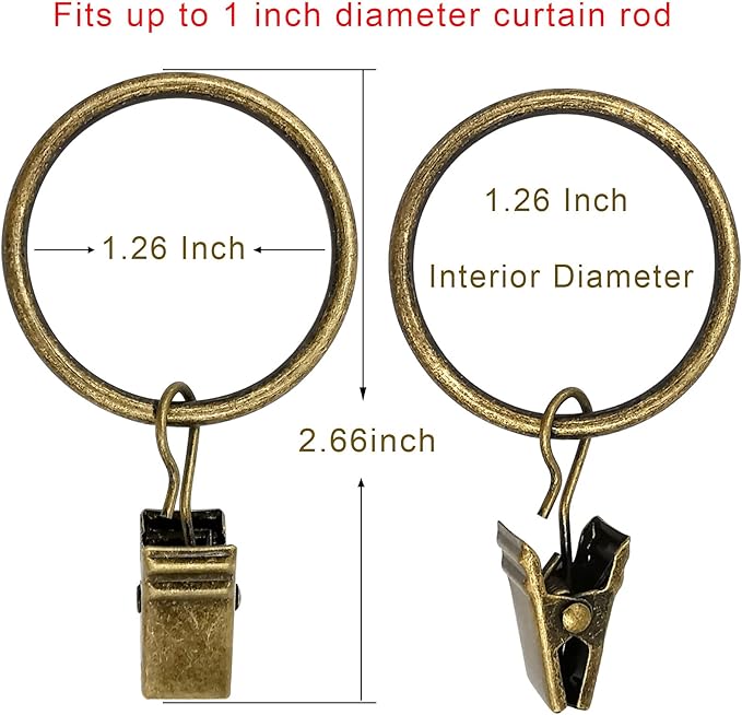 100 Pack Curtain Rings with Clips, Curtain Clip Rings Hooks, Bow Hanger Clips for Hanging Drapery Drapes Bows, Ring 1.26 inch Interior Diameter, Fits up to 1" Rod, Bronze