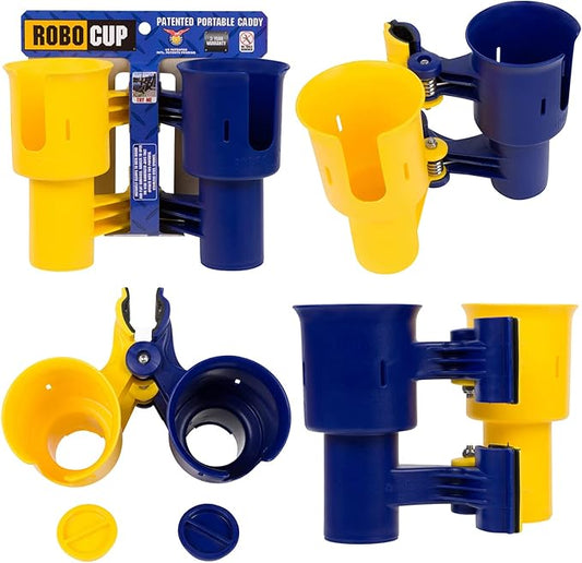 ROBOCUP, (Yellow & Navy), Patented Clamp On Boat Cup Holder | Multifunction Dual Drink Caddy for Fishing Rods, Tools, Net, Gaff | Portable Storage for Boating, Beach, Umbrellas, Golf Carts, Strollers