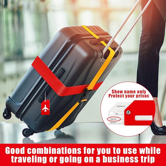 Weewooday 8 Pcs Luggage Straps Suitcase Tags Set for TSA Approved, 4 Travel Adjustable Suitcase Belt, 4 Silicone Luggage Tags with Name ID Card Travel Accessories(Red, Blue, Black, Yellow,Airplane)
