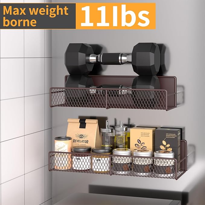 Magnetic Spice Rack for Refrigerator, 4 Pack 100% Metal Strong Magnet Fridge Shelves, Space Saving Spice Organizer, No Drilling Moveable Home Kitchen Laundry Room Storage Organization, Brown