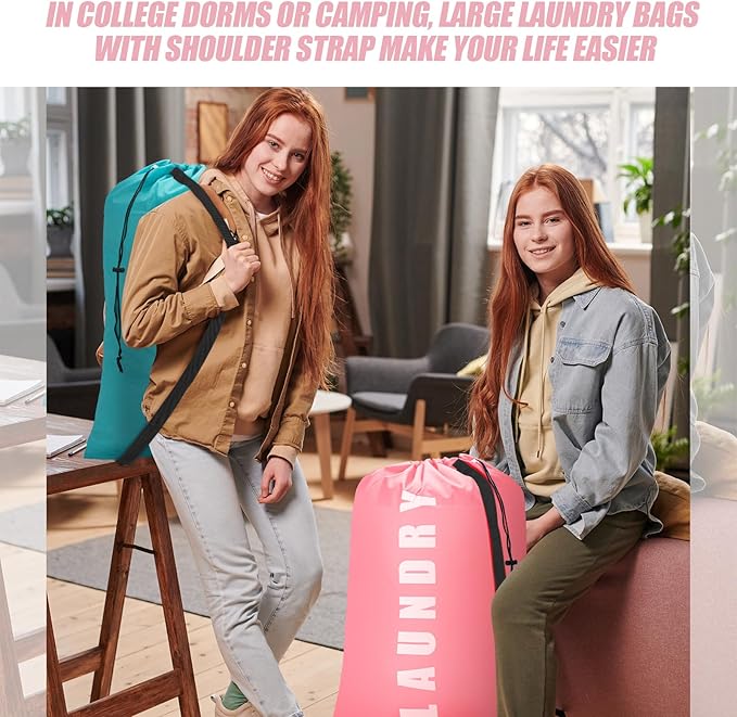 Isink Heavy Duty Laundry Bag with Strap, 2 Pack Travel Laundry Bags for Dirty Clothes, 24" x 36" Large Laundry Bag for Traveling, Camping, Dorm (Cyan + Pink)