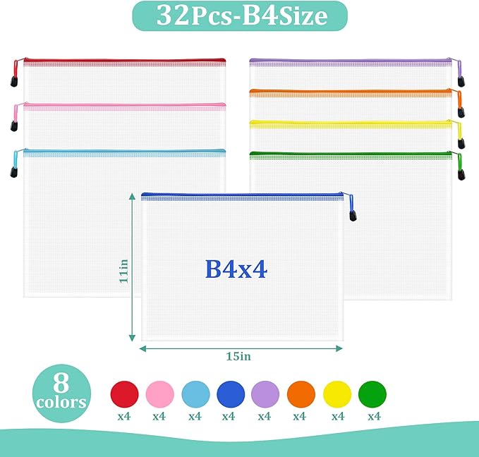 32pcs Mesh Zipper Pouch Bags, B4 Sizes, 8 Colors Zipper Pouches for Organizing, Board Game Storage, Travel, School Office organize