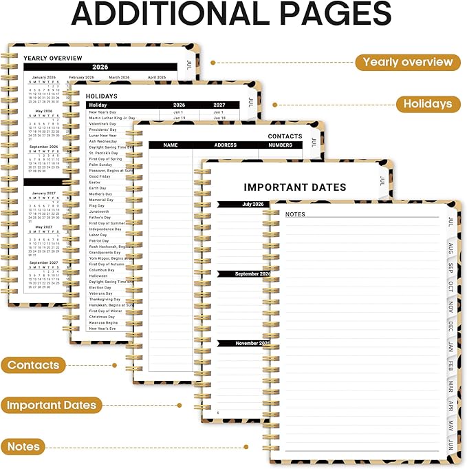 Planner 2026-2027, Academic Year Monthly and Weekly Calendar Planner, Jul 2026 - Jun 2027, Hardcover Teacher Student Planning Agenda book with Tabs, Perfect for School Office Supplies, 6.3" x 8.5" - Leopard
