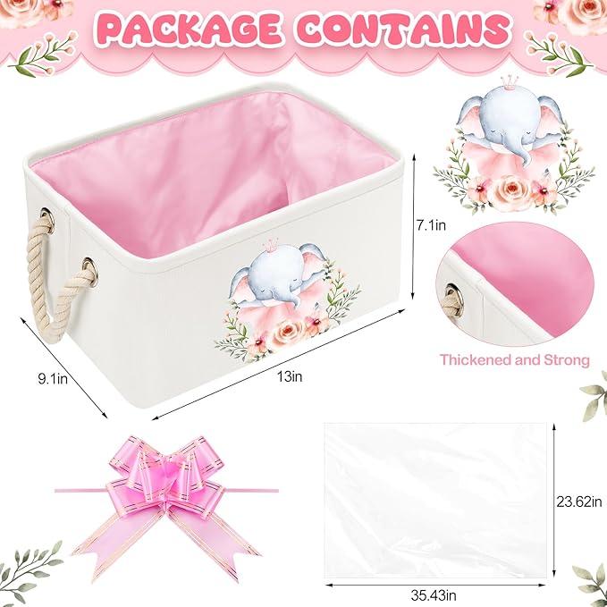 Pickmesh Baby Shower Storage Basket with Gift Bags Rectangular Ribbons Collapsible Canvas Storage Bin with Handles for Diaper Organizing Toy Home DIY Gift Basket, 13 x 9. 1 x 7. 1 Inch(Pink Elephant)