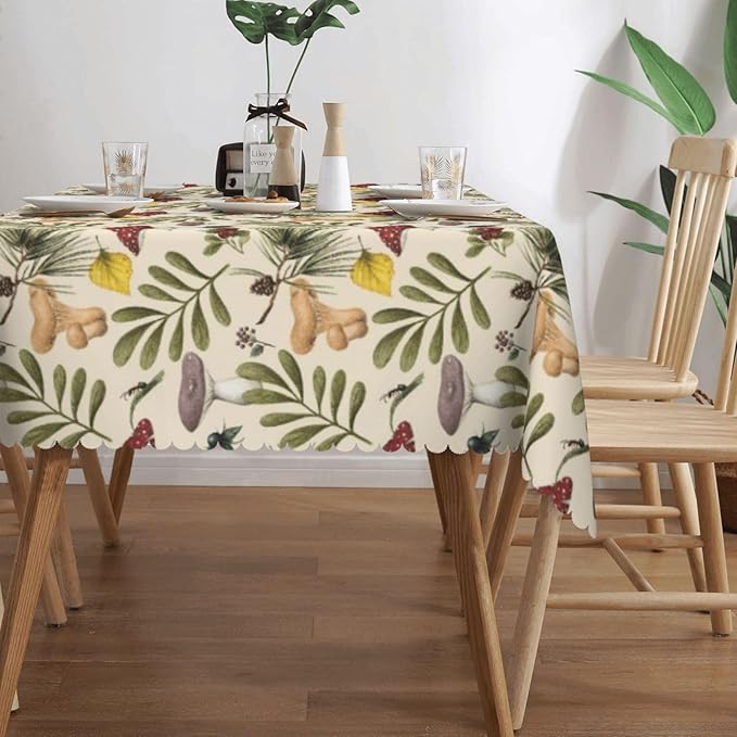 VIMPEYDON Forest Mushroom Table Cloth for Dining Tables, Reusable Herb Botanical Tablecloths Kitchen Plant Green Leaves Tabletop Decoration Rectangle Table Cover for Holiday,Party,Picnic, 54x72 Inch