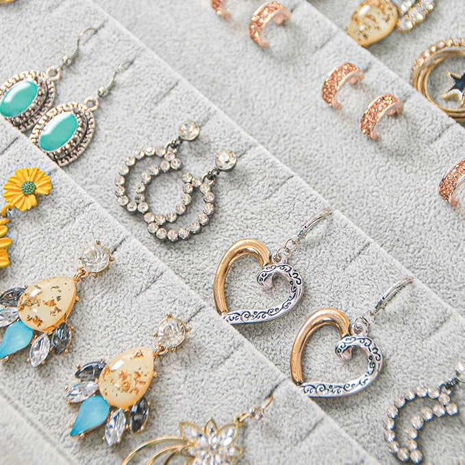 Coward Earring Organizer Tray Box, Grey Beige Velvet Earring Jewelry Display Storage Tray Case with Transparent Glass Lid for Home Drawer or Shop Selling