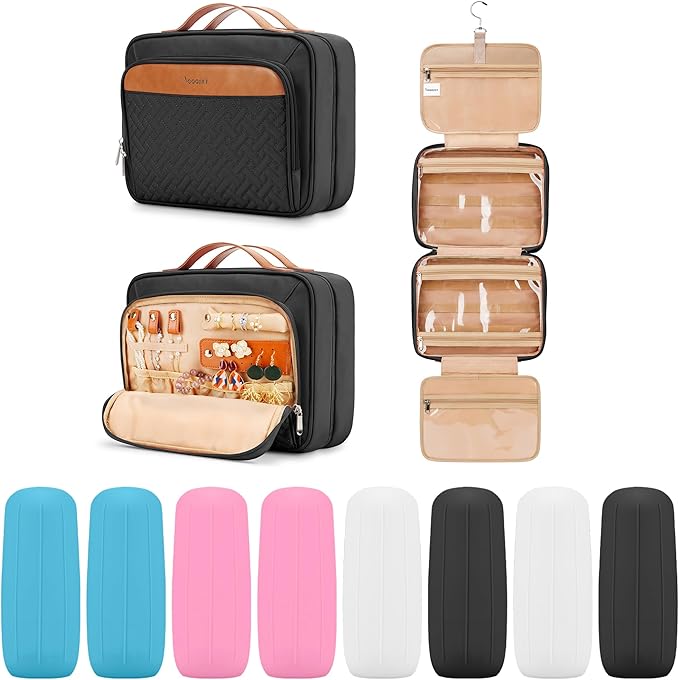 Travel Hanging Toiletry Bag for Women and Men, with 8 Leak Proofing Silicone Bottle Covers, Waterproof Makeup Accessories, Cosmetic Essentials, Cruise Ship Toiletry Bag with Jewelry Organizer, Black