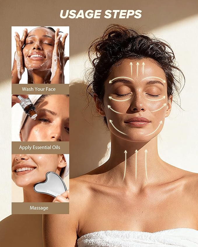 Coralogo Stainless Steel Gua Sha Tools - 4pc Skin Care Tools Set with Gua Sha Oil, Soap, Muscle Scraper for Face Massaging Body Relaxing, Self Care Gift for Christmas Birthday Valentine's Day