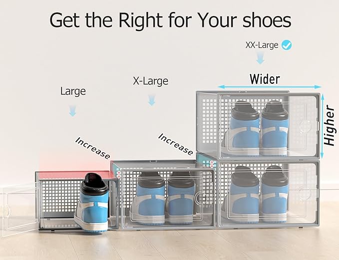 Kuject XX-Large Shoe Storage Boxes Organizers Clear Plastic Stackable 12 Pack, Shoe Rack & Holder Substitute, Sneaker Containers, Shoe Storage Organizer Bins for Closet, Under Bed, Grey (No Fold Line)