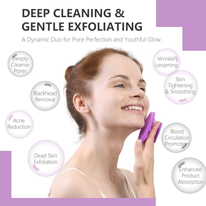 Silicone Face Scrubber 2 Pack, Manual Facial Cleansing Brush, Gentle Face Exfoliator for Sensitive Skin, Skin Care Exfoliating Face Brush for Men and Women, Black+Purple