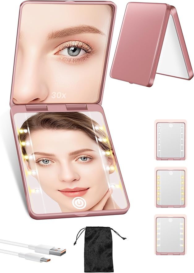 Compact Mirror, Rechargeable 30X Magnifying Mirror with 3 Lighting Modes & Dimmable Brightness, Portable Travel Makeup Mirror with Light, Essentials for Travel, Pocket, Purse, Gifts for Women Rose