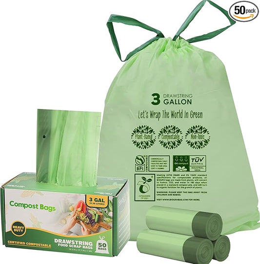 3 Gallon Compostable Trash Bags with Drawstring, Heavy Duty Extra Thick 1 Mil, 11.36 Liter, 50 Bags, Small Kitchen Food Scrap Waste Bag, US BPI and OK Compost Home Certified(3 Gallon 50 Count)
