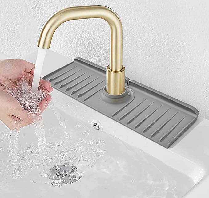 Sink Splash Guard 14.4” x 5.4” - Sink Faucet Mat with Faucet Water Catcher Mat & Soap Dish & Sponge Holder 3 in 1 - Silicone Faucet Handle Drip Catcher Tray for Kitchen RV & Bar Faucet, Grey