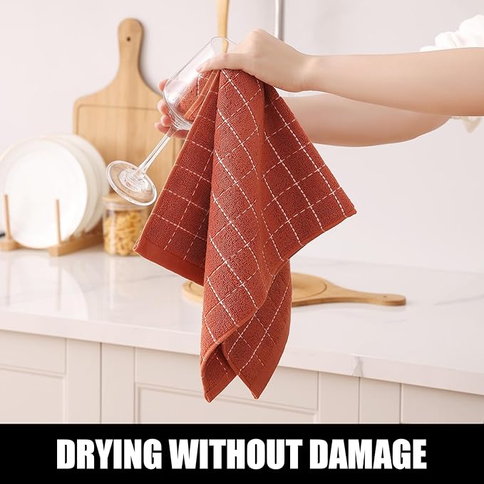Homaxy 100% Cotton Terry Kitchen Towels(Rust, 13 x 28 inches), Checkered Designed, Soft and Super Absorbent Dish Towels, 4 Pack