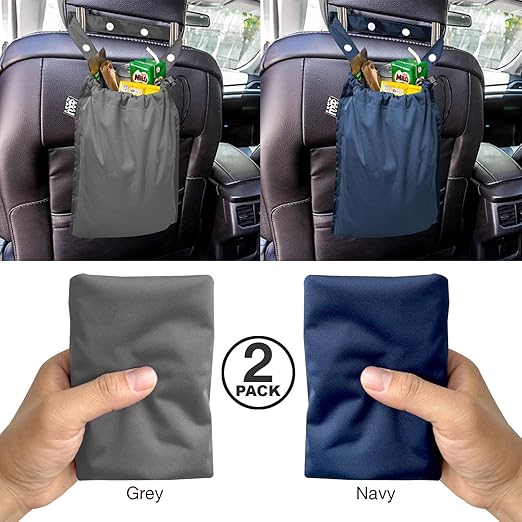 2 Pack Leakproof Car Trash Bags Detachable Waterproof Garbage Bags with Drawstring Hanging Organizer for Back Seat & Travel Grey & Navy
