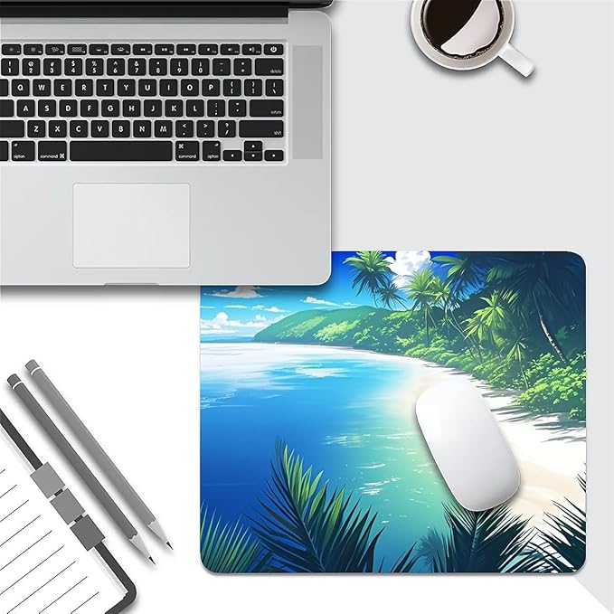 Square Mouse Pad Beach Ocean, Personalized Premium-Textured Custom Mouse Mat Design, Washable Mousepad Cloth, Non-Slip Rubber Base Computer Mouse Pads for Wireless Mouse