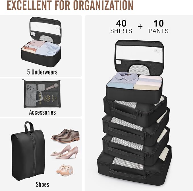 Veken 10 Set Packing Cubes for Travel Essentials, Suitcase Organizer Bags in 4 Sizes, Carry-On Luggage Accessories with Laundry & Toiletry Bag, Airplane Must-Have, Road Trip & Camping, Gifts for Men