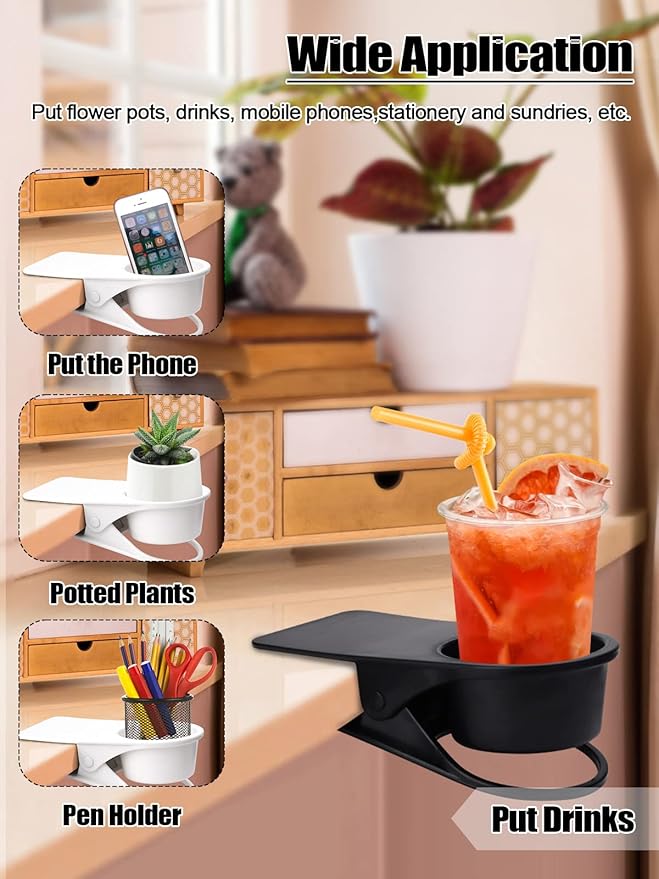 2PCS Drinking Cup Holder Clip, Kalolary Desk Bottle Cup Stand DIY Glass Clamp Storage Saucer Clip Water Coffee Mug Holder Saucer Clip Design for Home & Office, Black & White