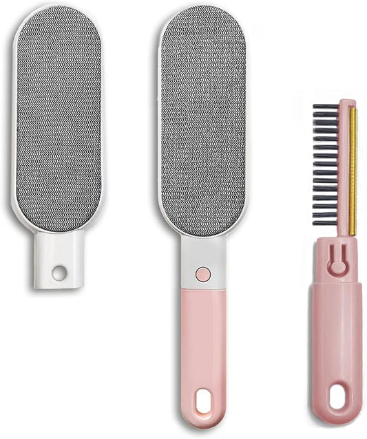 VrythosNex 4-in-1 Pet Hair Remover for Couch, Car, Furniture - Portable Dog Cat Fur Hair Removal Tool with Detachable Brush, Lint Brush, Fabric Shaver, Crevice Tool (Pink)