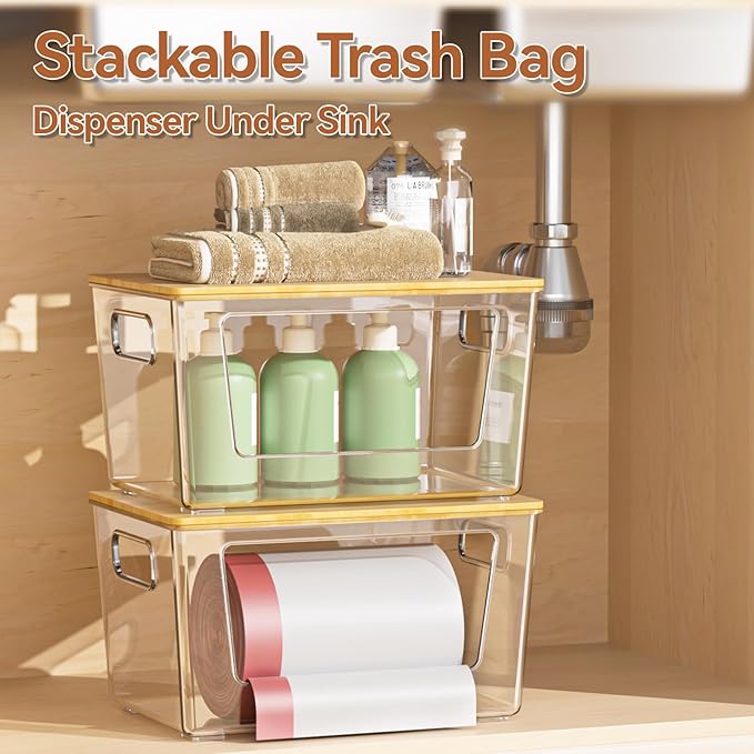spospo 2 Pack Trash Bag Holder with Bamboo Lid, Stackable Trashbag Dispenser, Extra Large Garbage Bag Holder for Kitchen Laundry Room Under Sink Organization and Storage