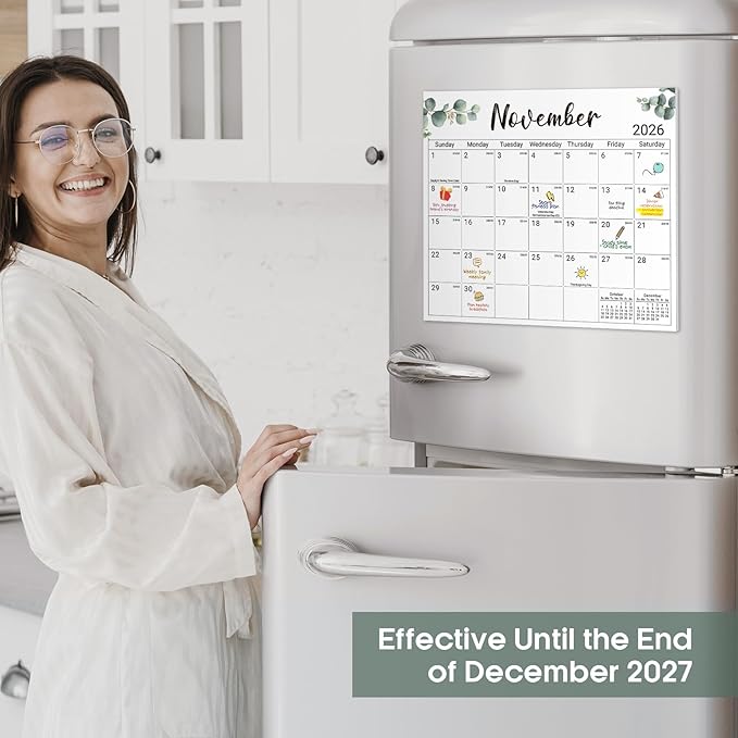Aesthetic 2026-2027 Magnetic Calendar for Refrigerator, 21-Month Fridge Calendar Magnet from April 2026 to December 2027, Greenery Design for Easy Organizing