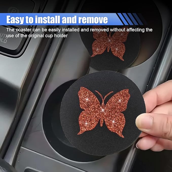2PCS Bling Butterfly Car Coasters, 2.75'' Anti Slip Insert Cup Holder Coaster, Rhinestone Vehicle Cup Holder Decoration Pad, Universal Auto Interior Drink Water Bottle Mat Accessory (Red)