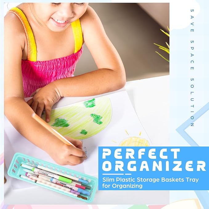 12 Pcs Morandi Slim Plastic Storage Baskets Tray 10 x 3 x 2.5 Inch Compact Stackable Desk Organizer for Office, Classroom, School Supplies, and Home Storage, Organization(Morandi)