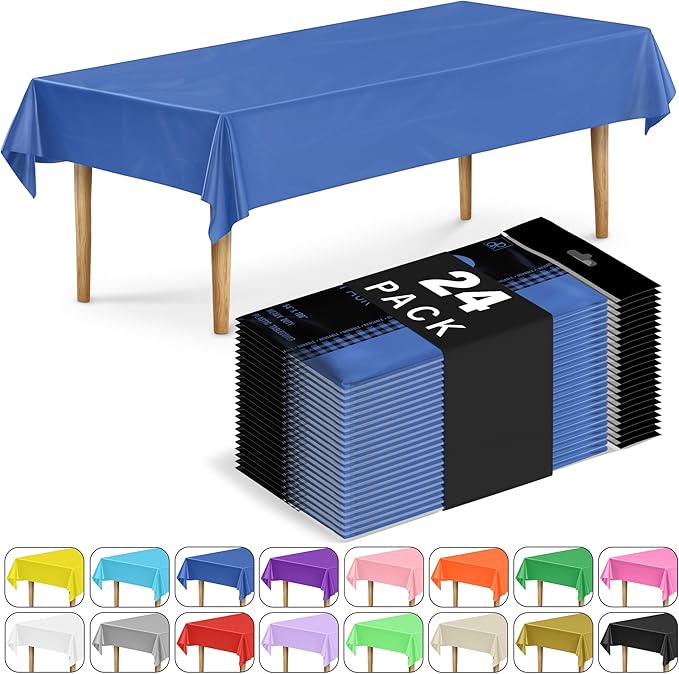 DecorRack 24 Pack Rectangular Tablecloths BPA-Free Plastic, 54 x 108 inch, Dining Table Cover Cloth for Parties, Picnic, Camping and Outdoor, Disposable or Reusable in Blue (24 Pack)