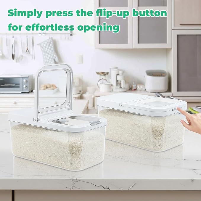 TBMax Rice Flour Storage Container with Automatic Flip-up Lid 13 Lbs | 6.5 Qt, Short and Narrow Food Storage Flour Bin for Kitchen Drawer Organization, Pet Dog Cat Food Storage Container
