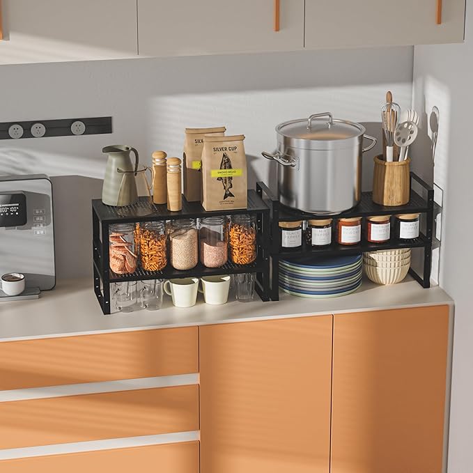 Wobmmi Expandable,Adjustable & Stackable Spice Rack, Cabinet Kitchen Countertop Shelf Organizer,Metal Pantry Storage Shelves - Space-Saving Storage Solution(2Packs/Black/Medium)