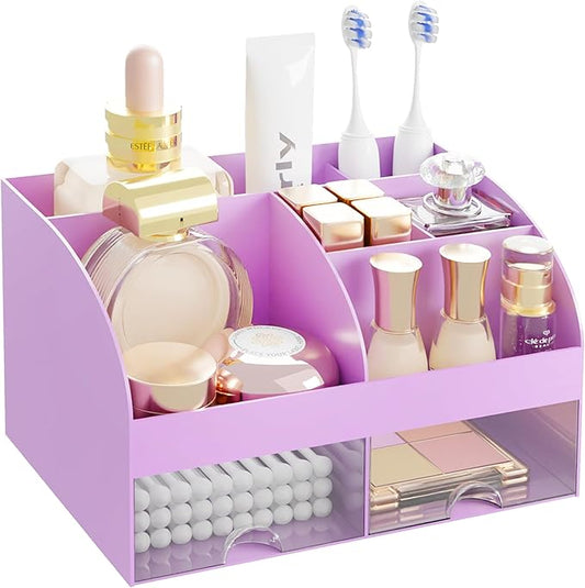Makeup Organizer with 2 Drawers, Cosmetic Storage for Dresser Vanity and Bathroom Countertop, Makeup Organization and Skincare Storage with Beauty Brush Holder, Cosmetic Display Case (Purple)