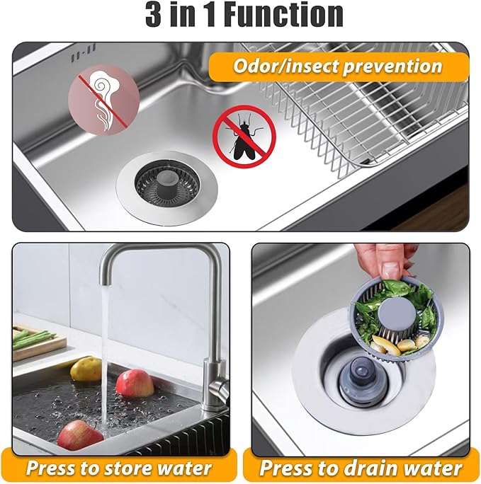 Kitchen Sink Drain Strainer, 3-in-1 Pop-Up Kitchen Sink Stopper, with an Extra Basket Strainer, Universal for US Standard 3-1/2 Inch, Chrome Silver