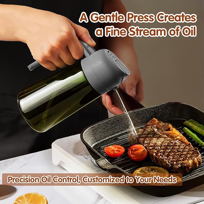 YARRAMATE 16oz/470ml Dark Green Oil Sprayer for Cooking with Stickers, Food-grade Premium 2 in 1 Olive Oil Dispenser Bottle for Kitchen Gadgets, Air Fryer, Salad, Frying, BBQ (Grey)