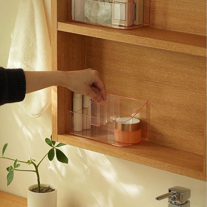 SUNFICON Makeup Holder Tray Organizer Cosmetic Display Case Tabletop Desktop Vanity Countertop Bathroom Wall Cabinet Medicine Storage Box 9 Dividers 2 Removable for Womens Ladies Girls Crystal Pink