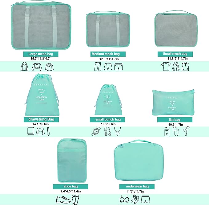 8 Set Packing Cubes for Suitcases, kingdalux Blue Travel Luggage Packing Organizers with Laundry Bag, Compression Storage Shoe Bag, Clothing Underwear Bag, for Women & Men
