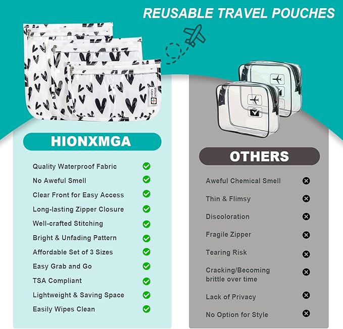 TSA Approved Toiletry Bag, Set of 3 Clear Travel Toiletry Bag Quart Size Zipper Travel Pouch, Waterproof Makeup Cosmetic Bag for Women Men Kids Toiletries Carry on, Hearts