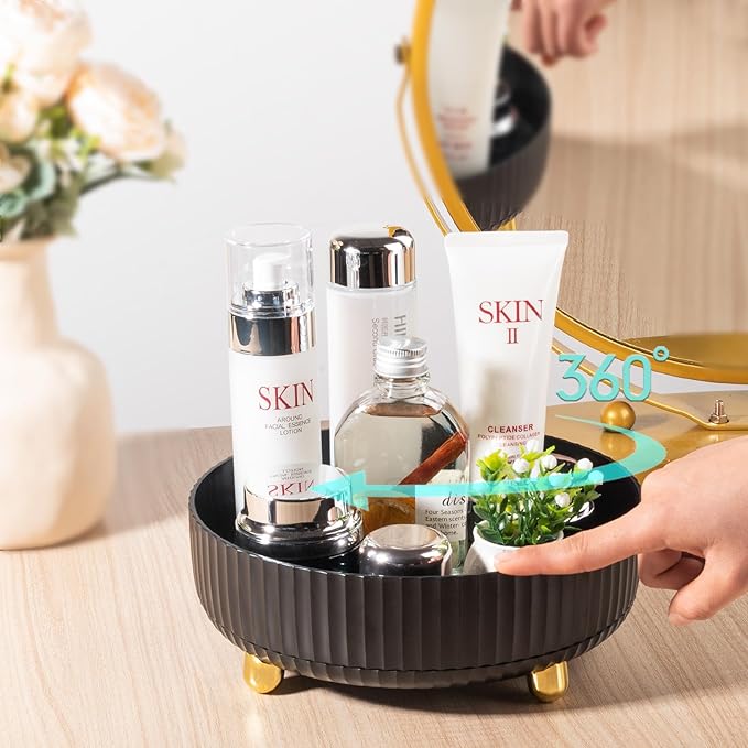Anyoifax Makeup Perfume Organizer Tray, 360-Degree Rotating Lazy Susan Skincare Lotion Organizer, Spinning Cosmetics Storage for Dresser, Vanity, Bathroom Countertop, Small Black
