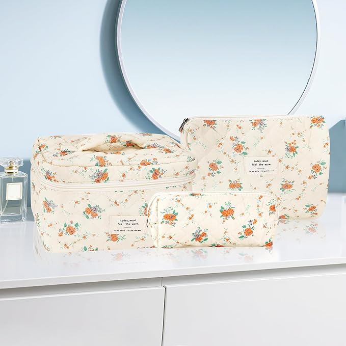 3Pcs Cotton Quilted Makeup Bag for Women Girls Large Small Travel Floral Cosmetic Bags Set Cute Coquette Zipper Makeup Pouch for Purse Aesthetic Cloth Flower Storage Toiletry Bag Organizer