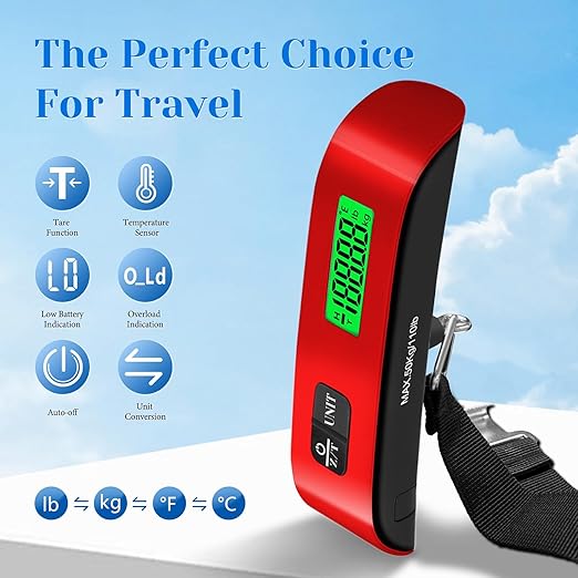 Luggage Scale, 110lb Luggage Weight Scale with 4 Unit Switching Functions & LED Display, Luggage Scale Travel Digital for Weighing Luggage, Backpacks, Packages and Markets (Red)