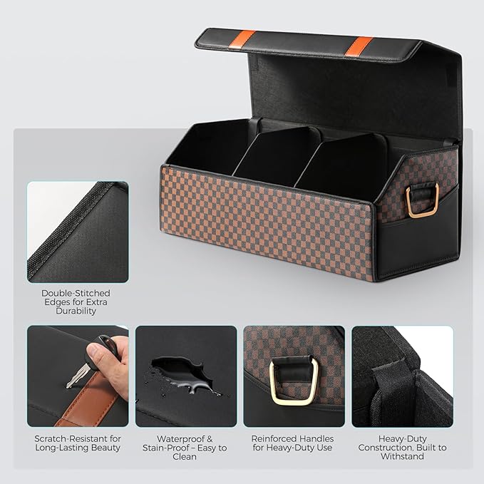 Fyzeoty Car Organizers and Storage - Trunk Organizer for SUV Car, Car Trunk Leather Storage Box, Extra Large, Magnetic Lid, Collapsible and Adjustable