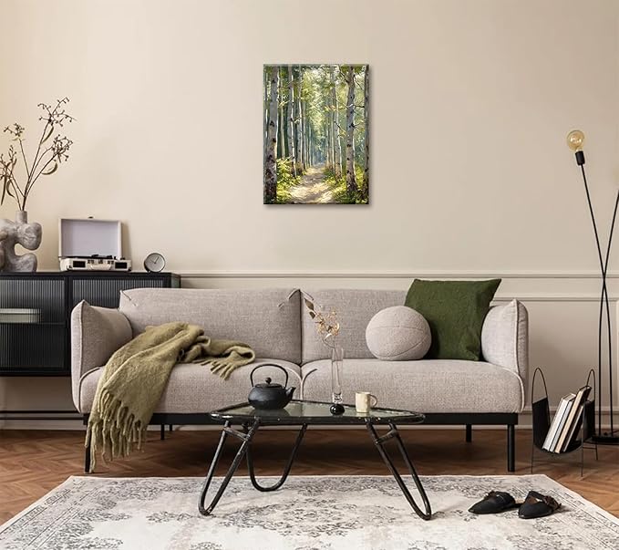 White Birch Tree Wall Art Green Forest Canvas Painting Prints Nature Scenery Landscape 3D Textured Picture for Bathroom Bedroom Living Room Wall Decor Modern Home Office Artwork Framed 12x16 Inch