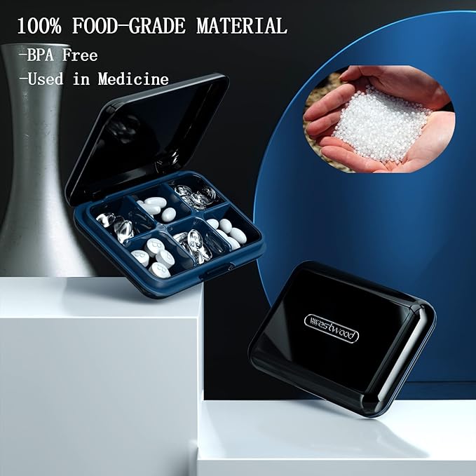 DUBSTAR Travel Pill Organizer Moisture Waterproof Small Pill Box for Pocket Purse 6 Compartments Portable Pill Case Medicine Vitamin Holder Container,Black