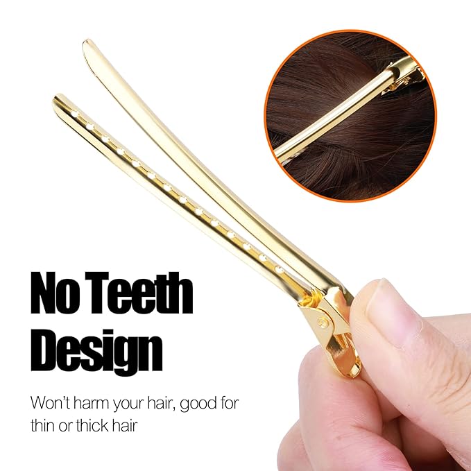 YGDZ 3.5 Inch Metal Duck Billed Clips with Holes - Alligator Curl Clips for Styling, Hair Coloring, Salon Use on Thick Hair Rollers, Gold