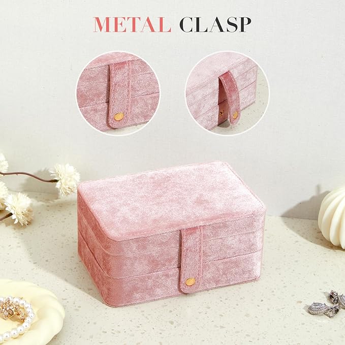 Velvet Small Jewelry Box for Women Girls, Double Layers Travel Portable Jewelry Case for Ring, Pendant, Earring, Necklace, Bracelet Organizer Storage Holder Boxes, Pink