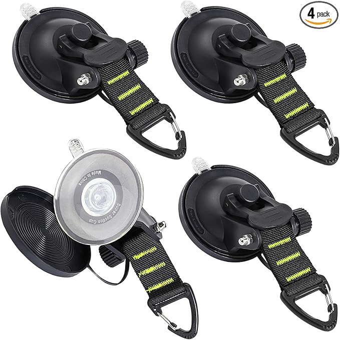 CONBOLA Suction Cups Hooks Heavy Duty Outdoor Car Camping Essentials 4 Pieces Upgraded Tie Down Suction Cup, Camper Accessories Strong Power for RV Boat Window Glass Camping Trap. (4 pcs, Green)