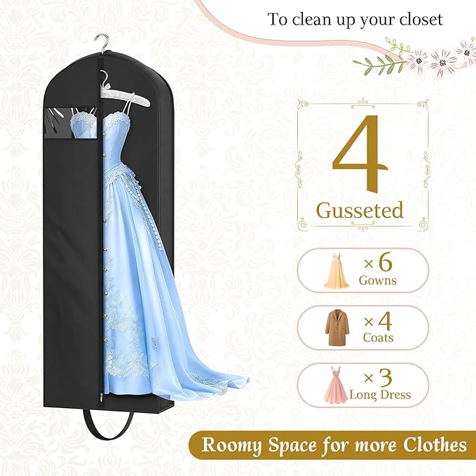 KEETDY 65" Wedding Dress Garment Bag for Travel with 4" Gusseted Long Hanging Dress Bags for Gowns for Women Garment Cover Clothes Storage for Closet, Black