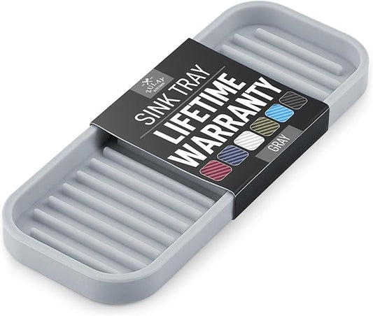 Zulay Kitchen (9x3.5) Silicone Sponge Holder for Kitchen Sink - Flexible Multipurpose Soap Tray - Sink Organizer for Kitchen, Bathroom, Makeup, Trinkets & More (Grey)