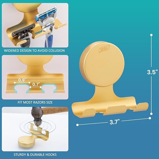 TAILI 2 Pack Powerful Suction Cup Razor Holder, 304 Stainless Steel Bathroom Suction Hooks for Towel, Loofah, Bathrobe, Stylish Shaver Holder for Shower Wall, Easy to Install and Reuse, Gold
