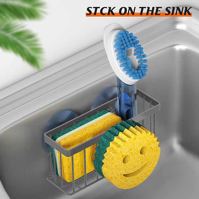 Sponge Holder Smiley Face, Sink Caddy for Kitchen Sink, Sponge Holder with 2 PCS Suction Cups/1 PCS Adhesive Strips, Designed for Sponge, Soap, Dish Brush, Scrubber - Charcoal Gray