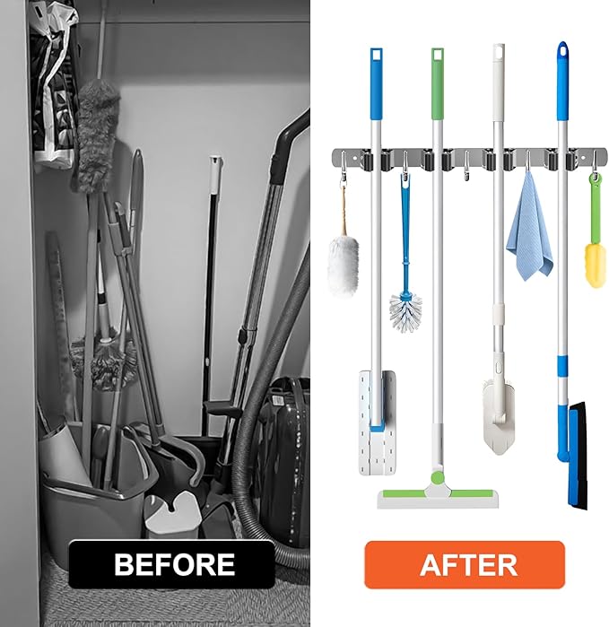 ZONGOOL 2 Pack Mop Broom Holder Wall Mount, 4 Racks and 5 Hooks Broom Organizer Storage Tool Racks Stainless Steel Non-slip Wall Hanger for Home Kitchen Garden Laundry Garage (Silver)